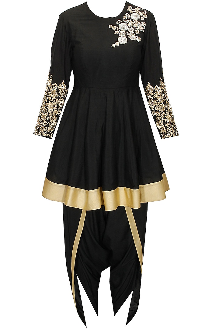Black embroidered flared kurta with black dhoti pants available only at Pernia's Pop-Up Shop.