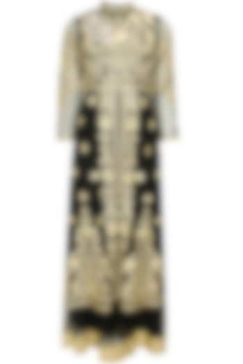 Black and gold floral embroidered long jacket with black net lehenga available only at Pernia's Pop-Up Shop.