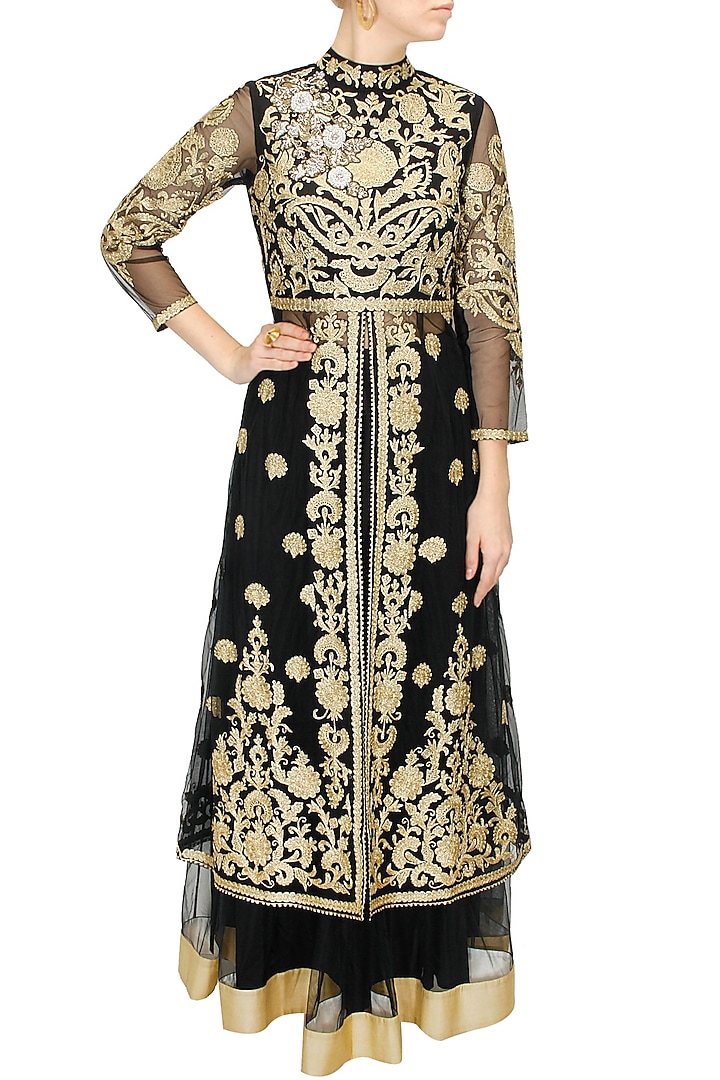 Black and gold floral embroidered long jacket with black net lehenga available only at Pernia's Pop-Up Shop.