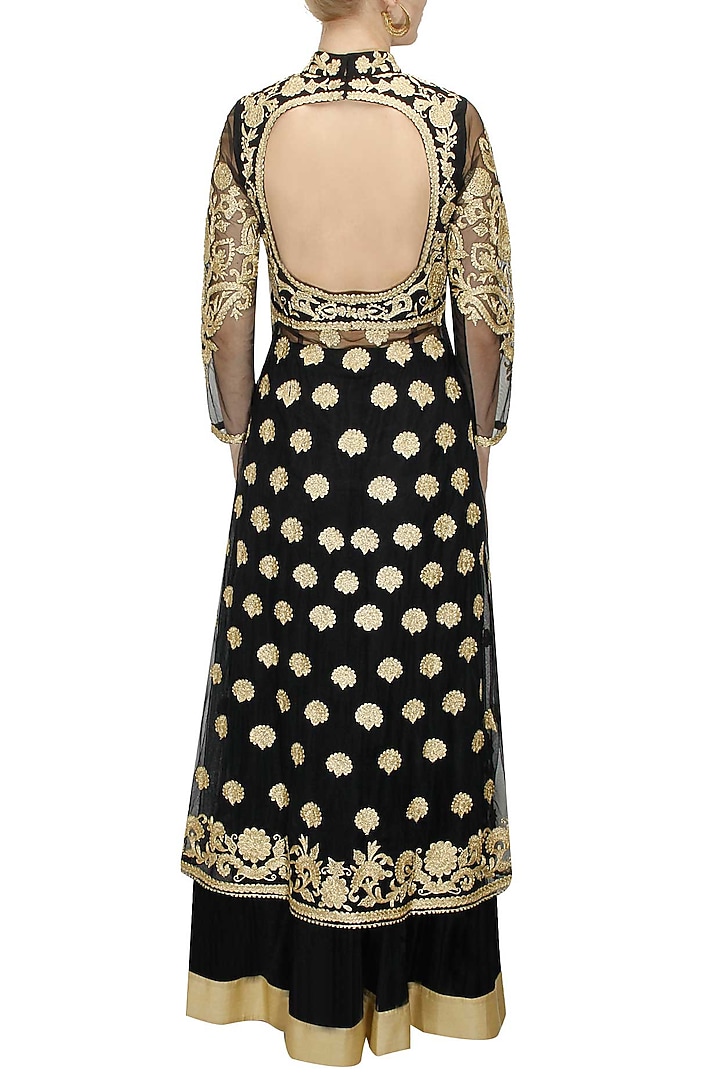 Black and gold floral embroidered long jacket with black net lehenga available only at Pernia's Pop-Up Shop.