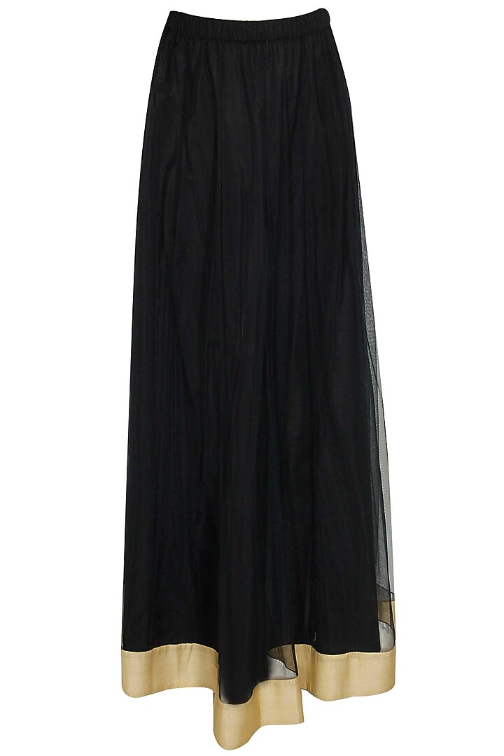 Black and gold floral embroidered long jacket with black net lehenga available only at Pernia's Pop-Up Shop.
