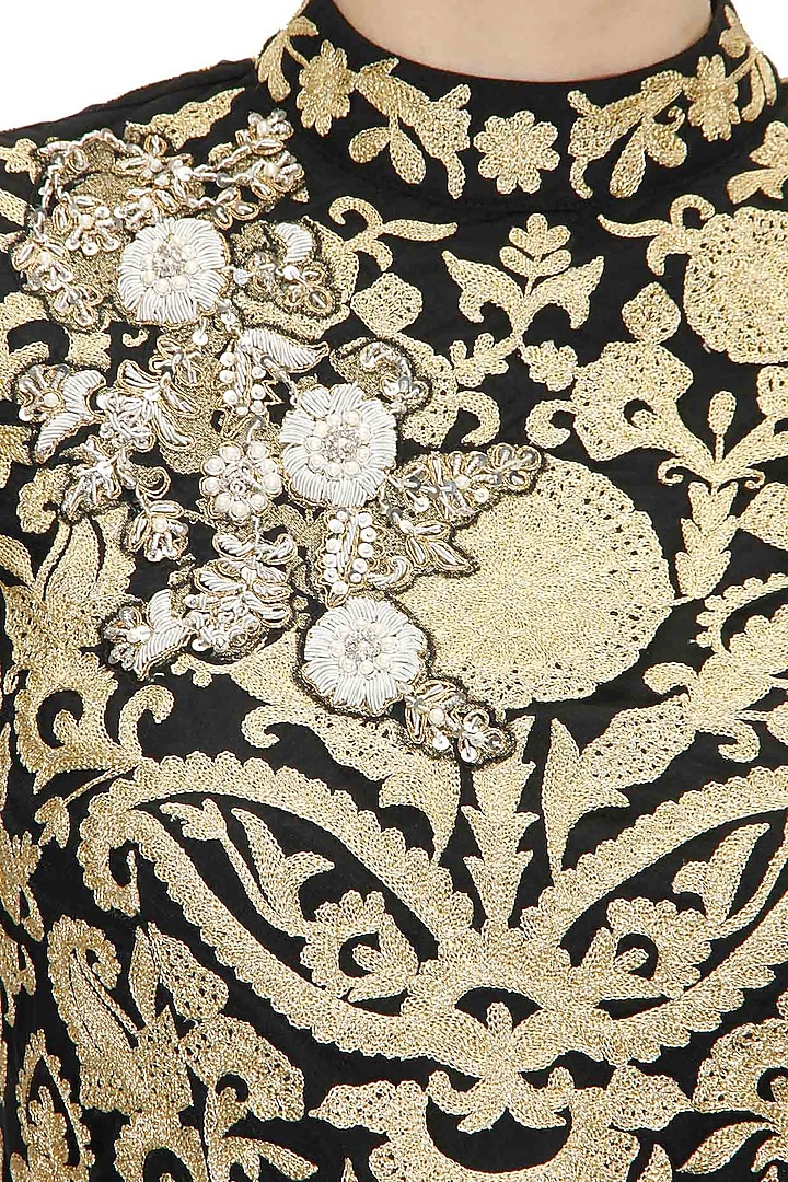 Black and gold floral embroidered long jacket with black net lehenga available only at Pernia's Pop-Up Shop.
