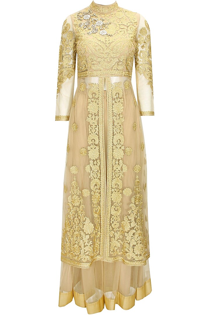 Gold floral embroidered long jacket with gold net lehenga by Sonali Gupta