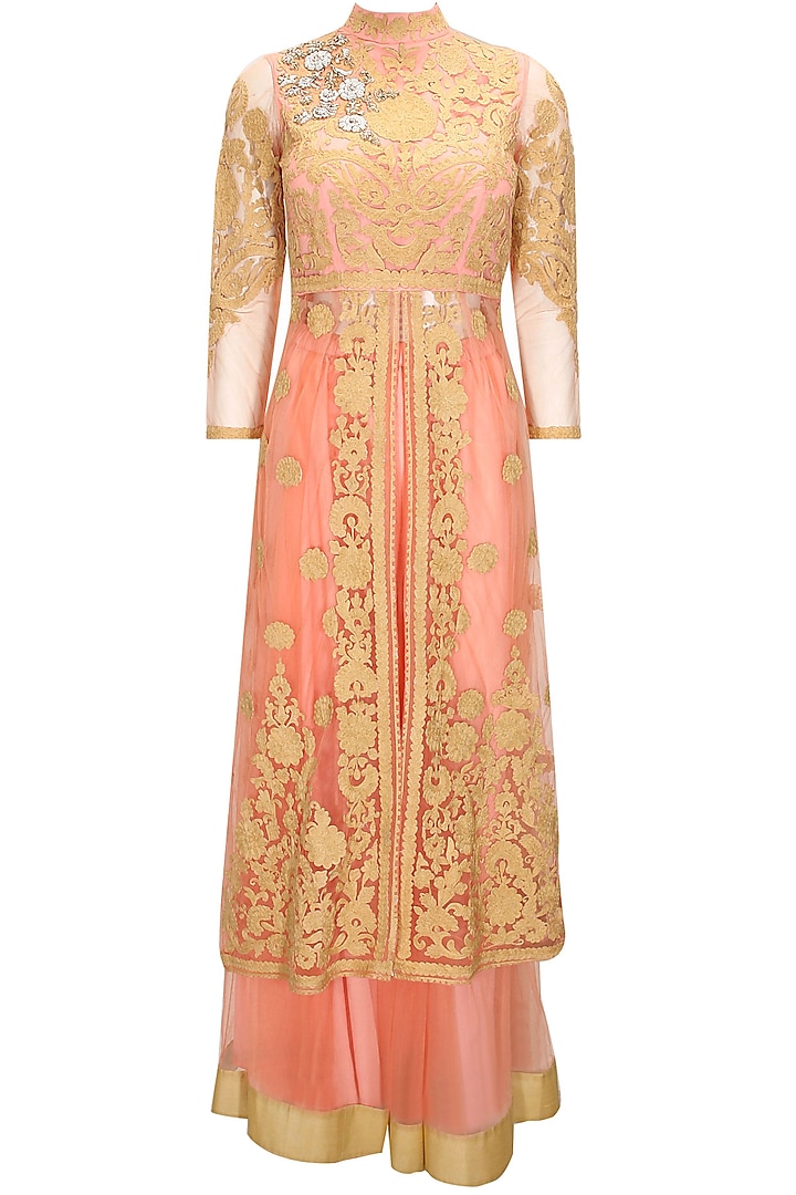 Pink and gold floral embroidered long jacket with pink net lehenga by Sonali Gupta