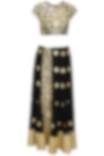 Black and gold floral embroidered lehenga set available only at Pernia's Pop-Up Shop.