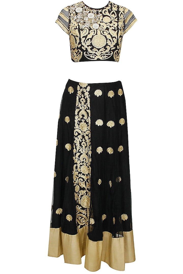 Black and gold floral embroidered lehenga set available only at Pernia's Pop-Up Shop.