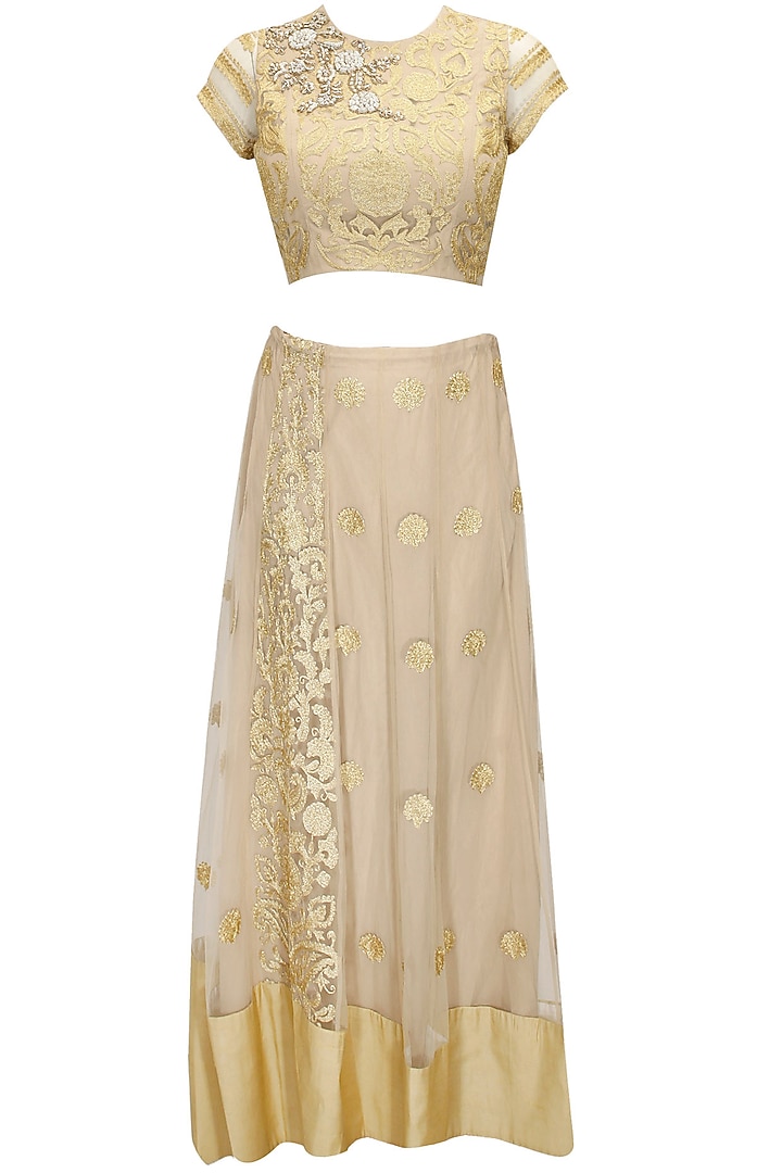 Gold floral embroidered lehenga set available only at Pernia's Pop-Up Shop.