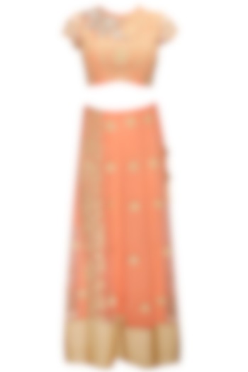 Peach and gold floral embroidered lehenga set available only at Pernia's Pop-Up Shop.