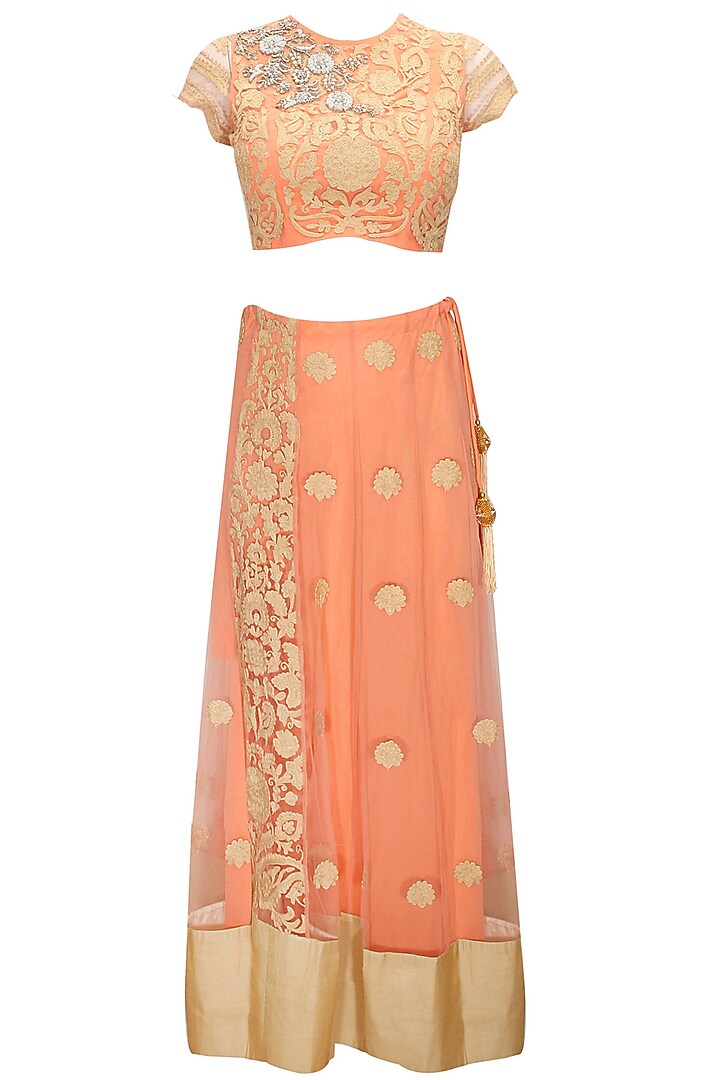 Peach and gold floral embroidered lehenga set available only at Pernia's Pop-Up Shop.