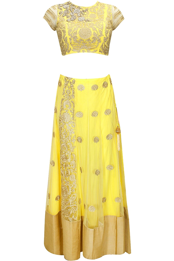 Yellow and gold floral embroidered lehenga set available only at Pernia's Pop-Up Shop.