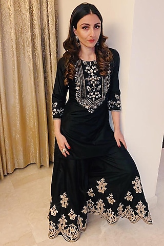 Black Embroidered Sharara Set by Samatvam by Anjali Bhaskar
