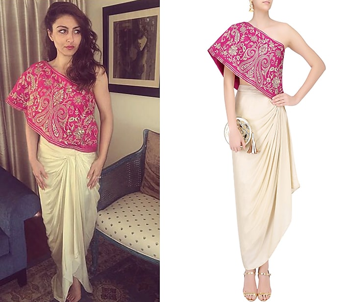 Maroon floral embroidered one shoulder top with cream drape skirt available only at Pernia's Pop Up Shop.