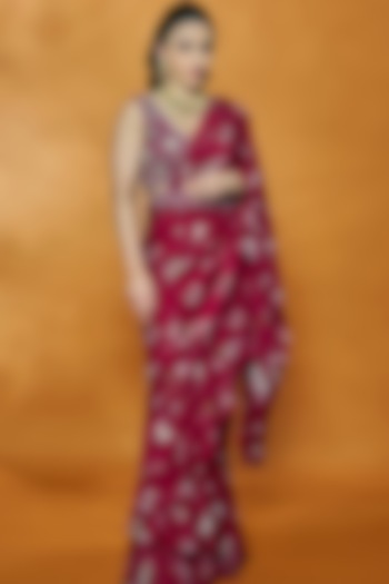 Fuchsia Georgette Mangolia Printed Saree Set by Sana Barreja