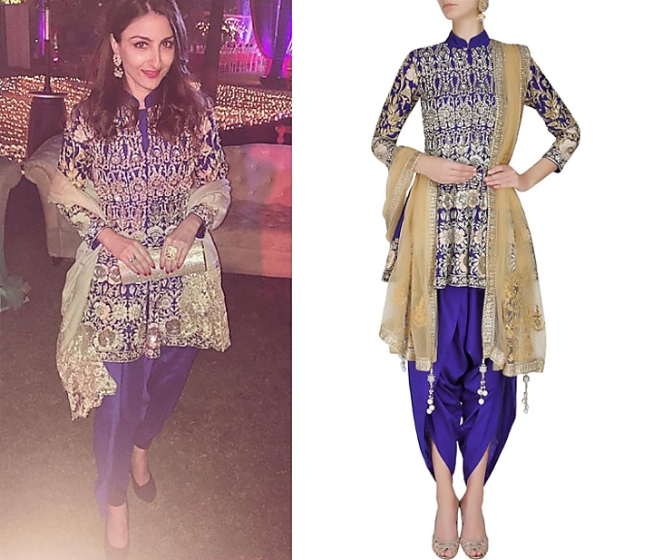 Blue floral pattern dabka, zari and pearl embroidered panelled jacket and dhoti pants set available only at Pernia's Pop Up Shop.