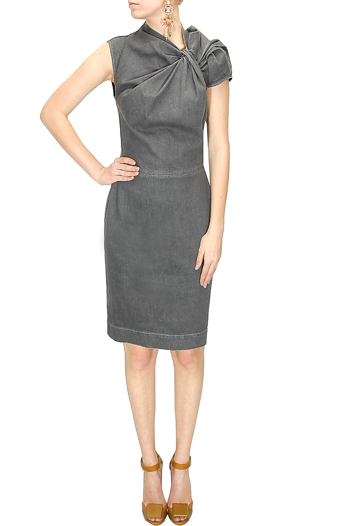 Smoked grey knot denim dress available only at Pernia's Pop-Up Shop.