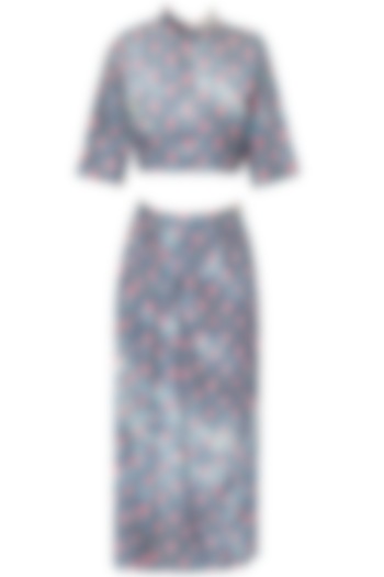 Denim blue flower print crop top and skirt available only at Pernia's Pop-Up Shop.