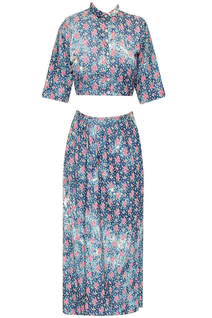Denim blue flower print crop top and skirt available only at Pernia's Pop-Up Shop.