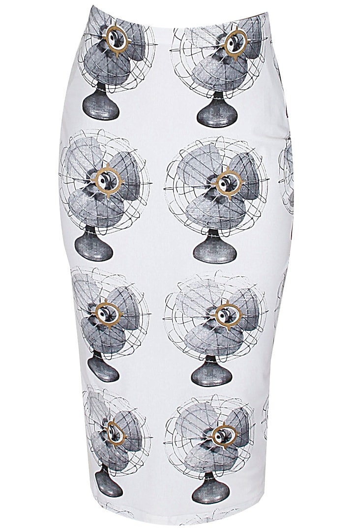 White fan print pencil skirt available only at Pernia's Pop-Up Shop.