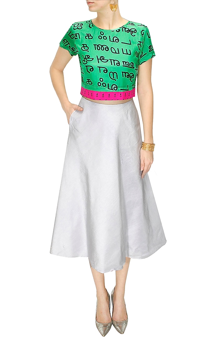 Green tamil print crop top available only at Pernia's Pop-Up Shop.