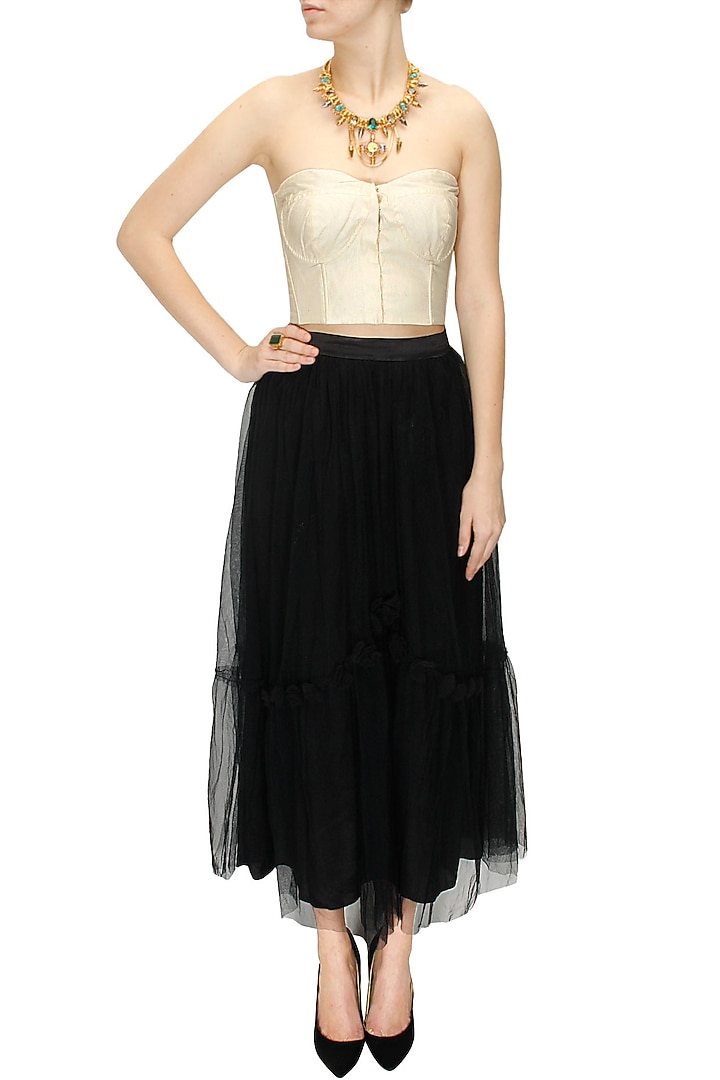 Black floral net flared skirt available only at Pernia's Pop-Up Shop.