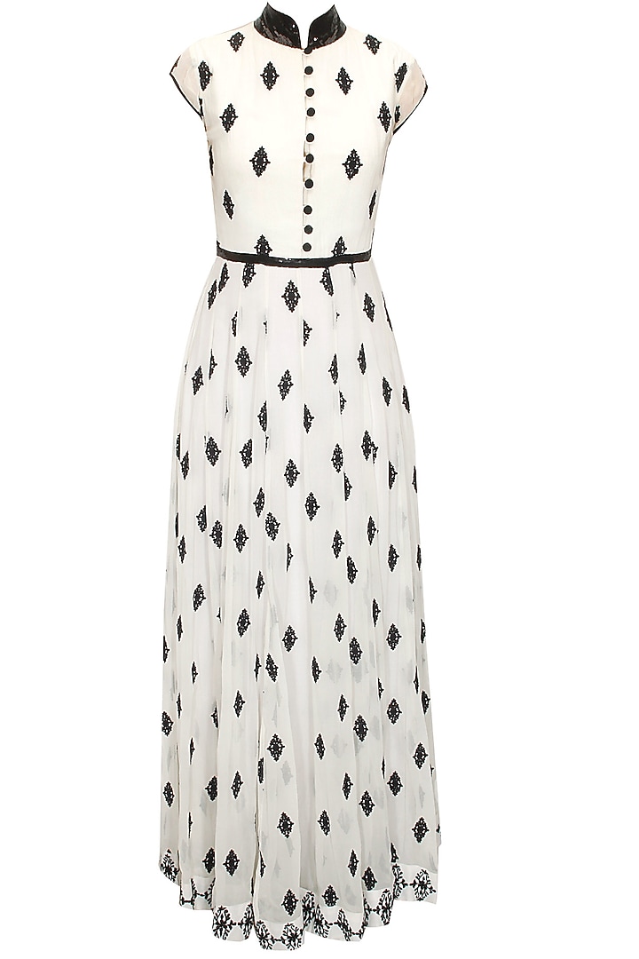 Off white black sequins embellished maxi gown available only at Pernia's Pop-Up Shop.