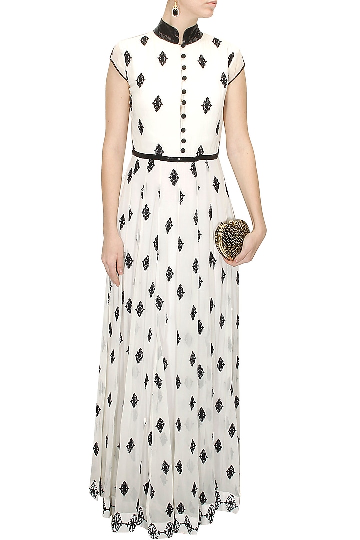 Off white black sequins embellished maxi gown available only at Pernia's Pop-Up Shop.