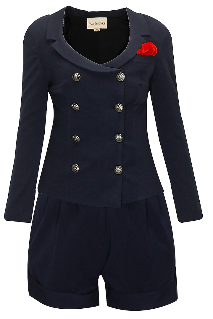 Mapxencars by ridhi and sidhi- Navy blue blazer with navy blue pleated shorts available only at Pernia's Pop-Up Shop.