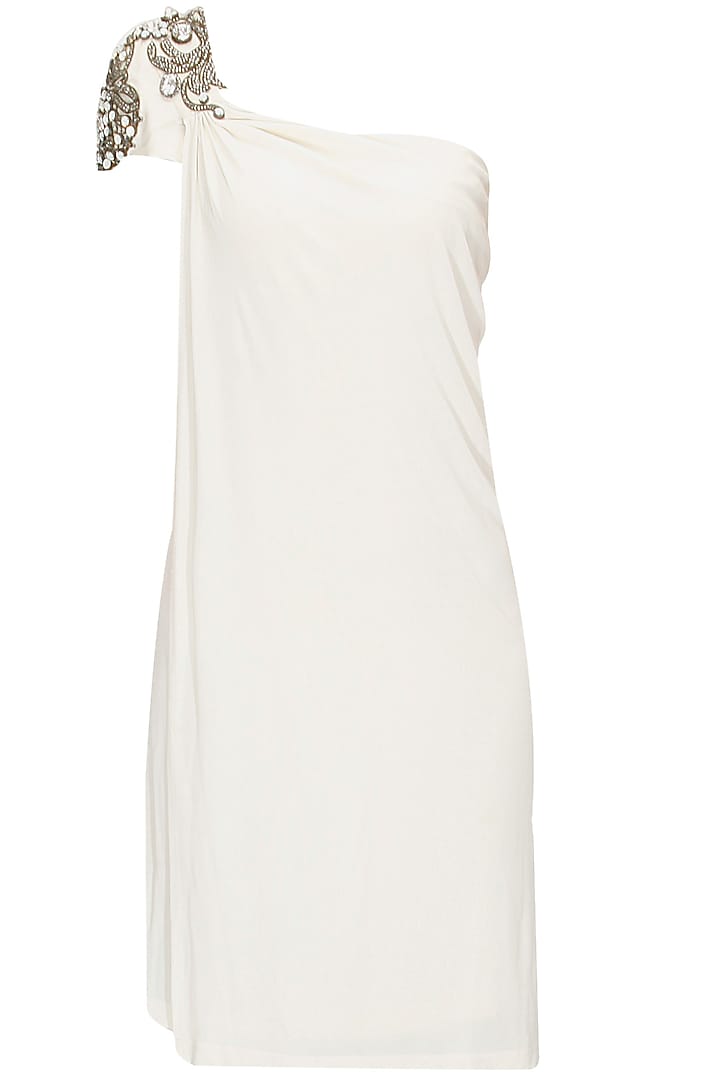 Monisha Jai Singh- Ivory overlapped one shoulder dress available only at Pernia's Pop-Up Shop.
