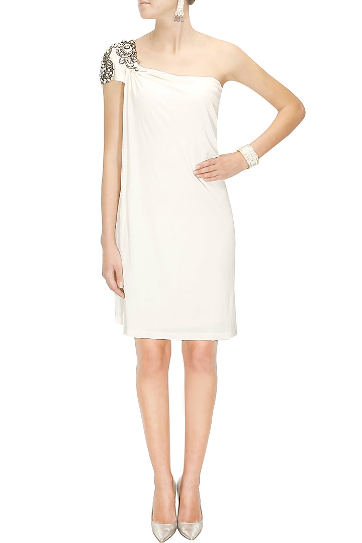 Monisha Jai Singh- Ivory overlapped one shoulder dress available only at Pernia's Pop-Up Shop.