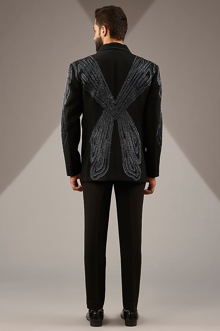Black Micro Suiting Hand Embroidered Tuxedo Set by Soltee By Sulakshana Monga Men at Pernia's Pop Up Shop