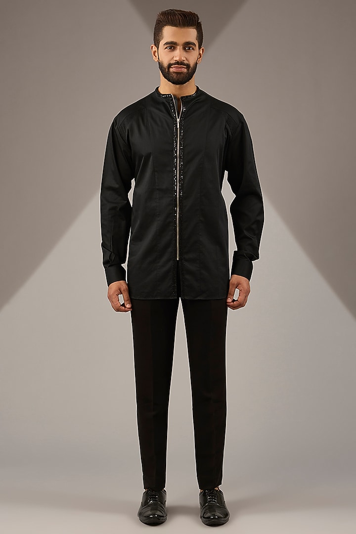 Black Micro Suiting Hand Embroidered Tuxedo Set by Soltee By Sulakshana Monga Men at Pernia's Pop Up Shop