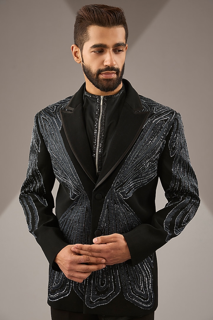 Black Micro Suiting Hand Embroidered Tuxedo Set by Soltee By Sulakshana Monga Men at Pernia's Pop Up Shop