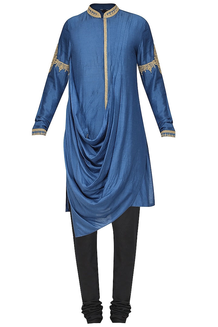 Sapphire Blue Embroidered Kurta with Churidar Pants by Soltee By Sulakshana Monga Men