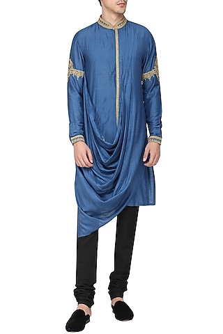 Sapphire Blue Embroidered Kurta with Churidar Pants by Soltee By Sulakshana Monga Men