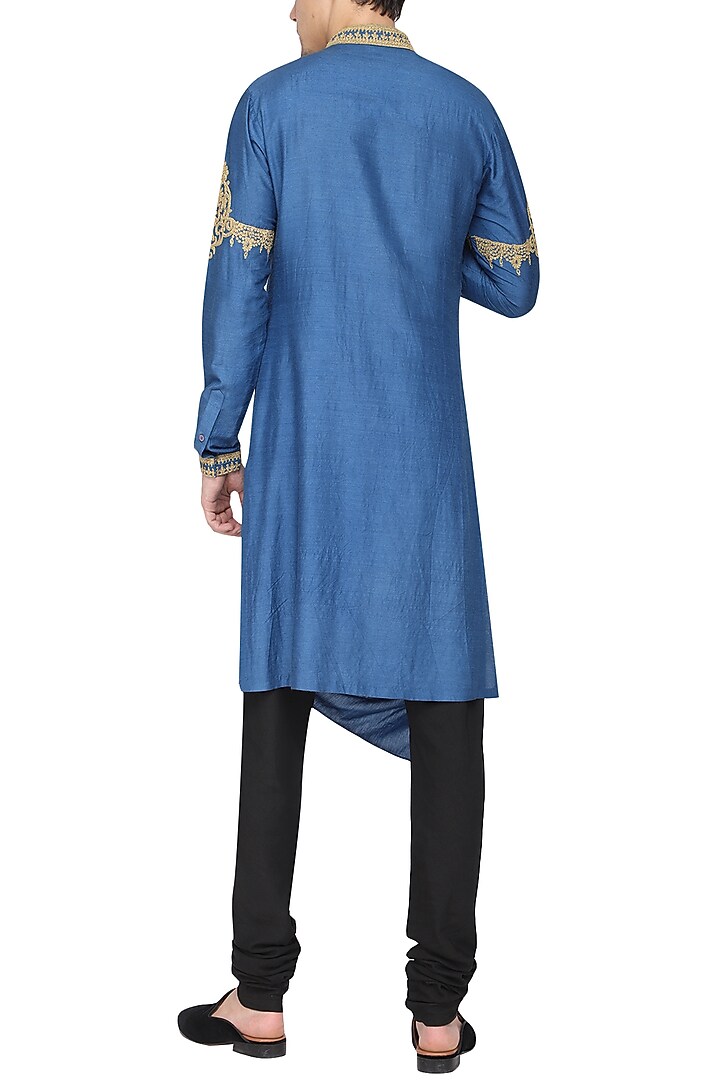 Sapphire blue embroidered kurta with churidar pants available only at Pernia's Pop Up Shop.