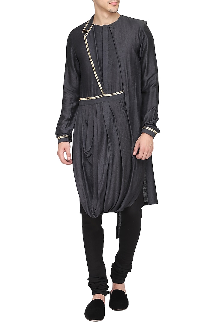 Black embroidered drape kurta with churidar pants available only at Pernia's Pop Up Shop.