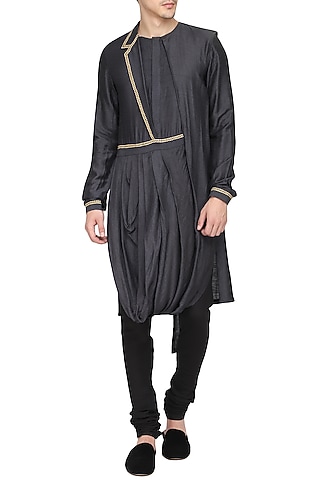Black Embroidered Drape Kurta with Churidar Pants by Soltee By Sulakshana Monga Men