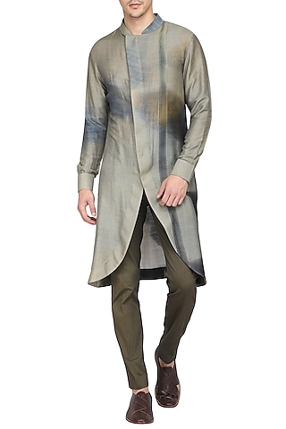 Grey Printed Tail Cut Kurta with Churidar Pants by Soltee By Sulakshana Monga Men