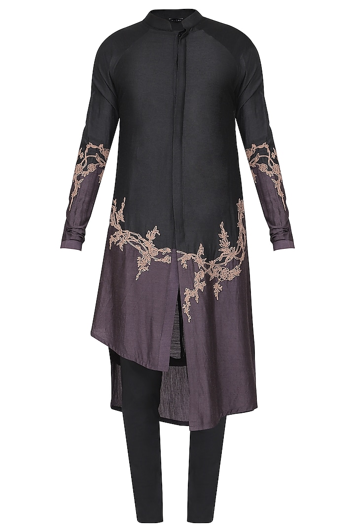 Black Patch Work Embroidered Kurta with Churidar Pants by Soltee By Sulakshana Monga Men