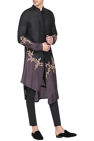 Black Patch Work Embroidered Kurta with Churidar Pants by Soltee By Sulakshana Monga Men
