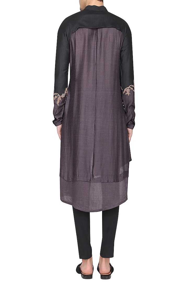 Black patch work embroidered kurta with churidar pants