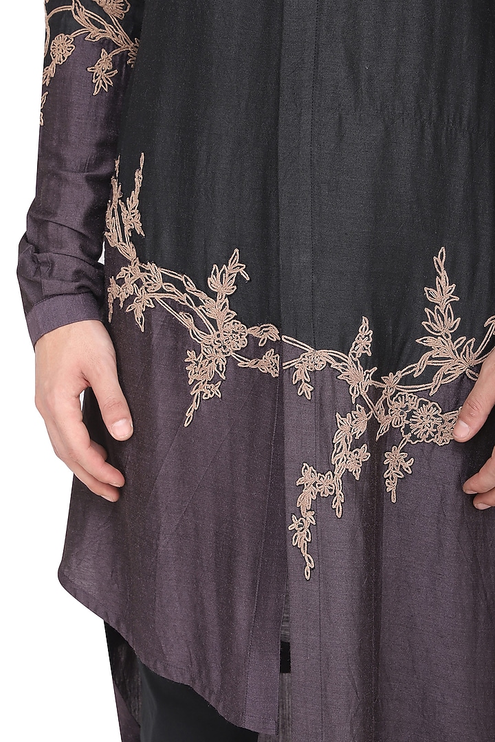 Black patch work embroidered kurta with churidar pants