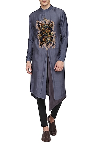Grey Digital Patch Work Embroidered Kurta with Churidar Pants by Soltee By Sulakshana Monga Men