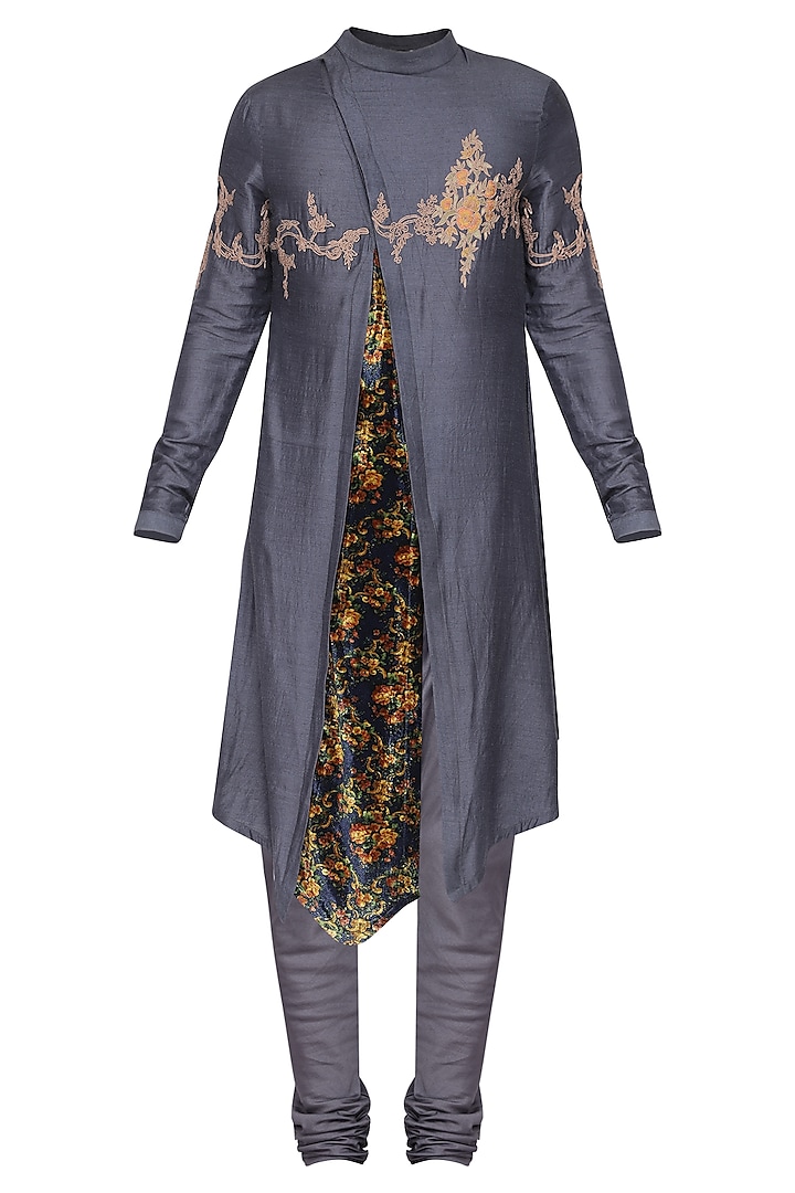 Grey Embroidered Floral Kurta with Churidar Pants by Soltee By Sulakshana Monga Men