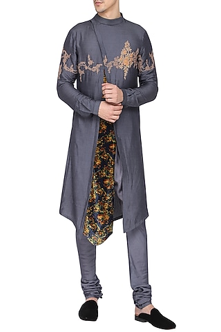 Grey Embroidered Floral Kurta with Churidar Pants by Soltee By Sulakshana Monga Men