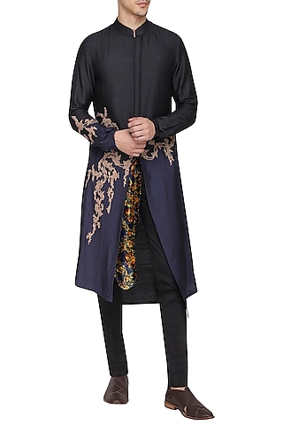 Black Asymmetrical Embroidered Kurta with Churidar Pants by Soltee By Sulakshana Monga Men