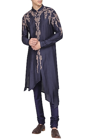Blue Asymmetrical Embroidered Kurta with Churidar Pants by Soltee By Sulakshana Monga Men