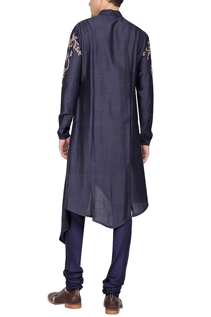 Blue asymmetrical embroidered kurta with churidar pants available only at Pernia's Pop Up Shop.