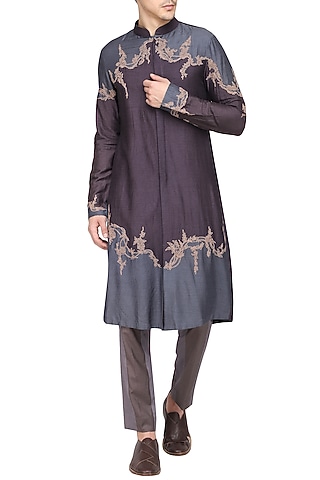 Grey Color Block Embroidered Kurta with Churidar Pants by Soltee By Sulakshana Monga Men