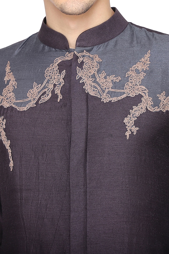Grey color block embroidered kurta with churidar pants available only at Pernia's Pop Up Shop.